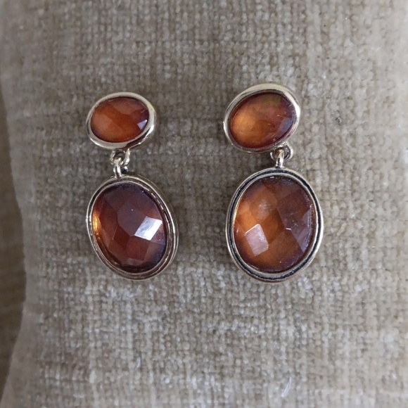 Gold Tone Faux Bezel Set Amber Tear Drop Earrings - Picture 2 of 4